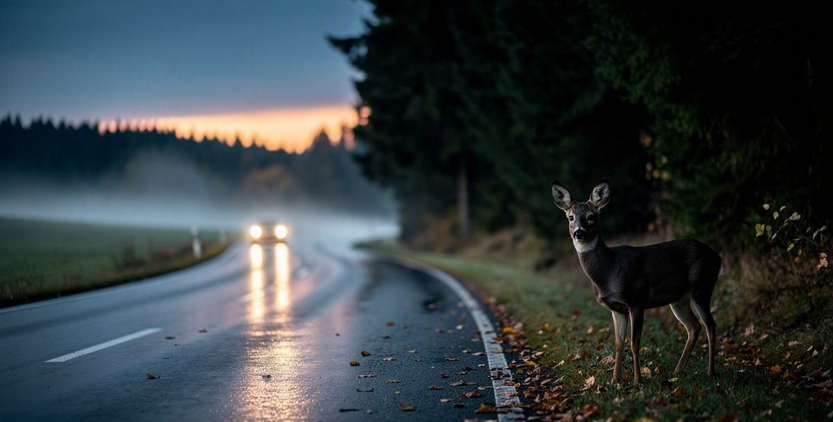 Ein Reh steht in der Dämmerung am Rand einer Landstraße zwischen Wald und Feld.